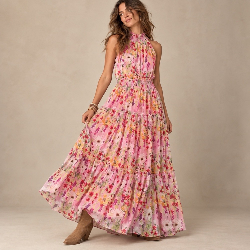 Taylor Pink Floral Chiffon Maxi Dress Smocked Halter Neck Size 6 Coquette Garden
